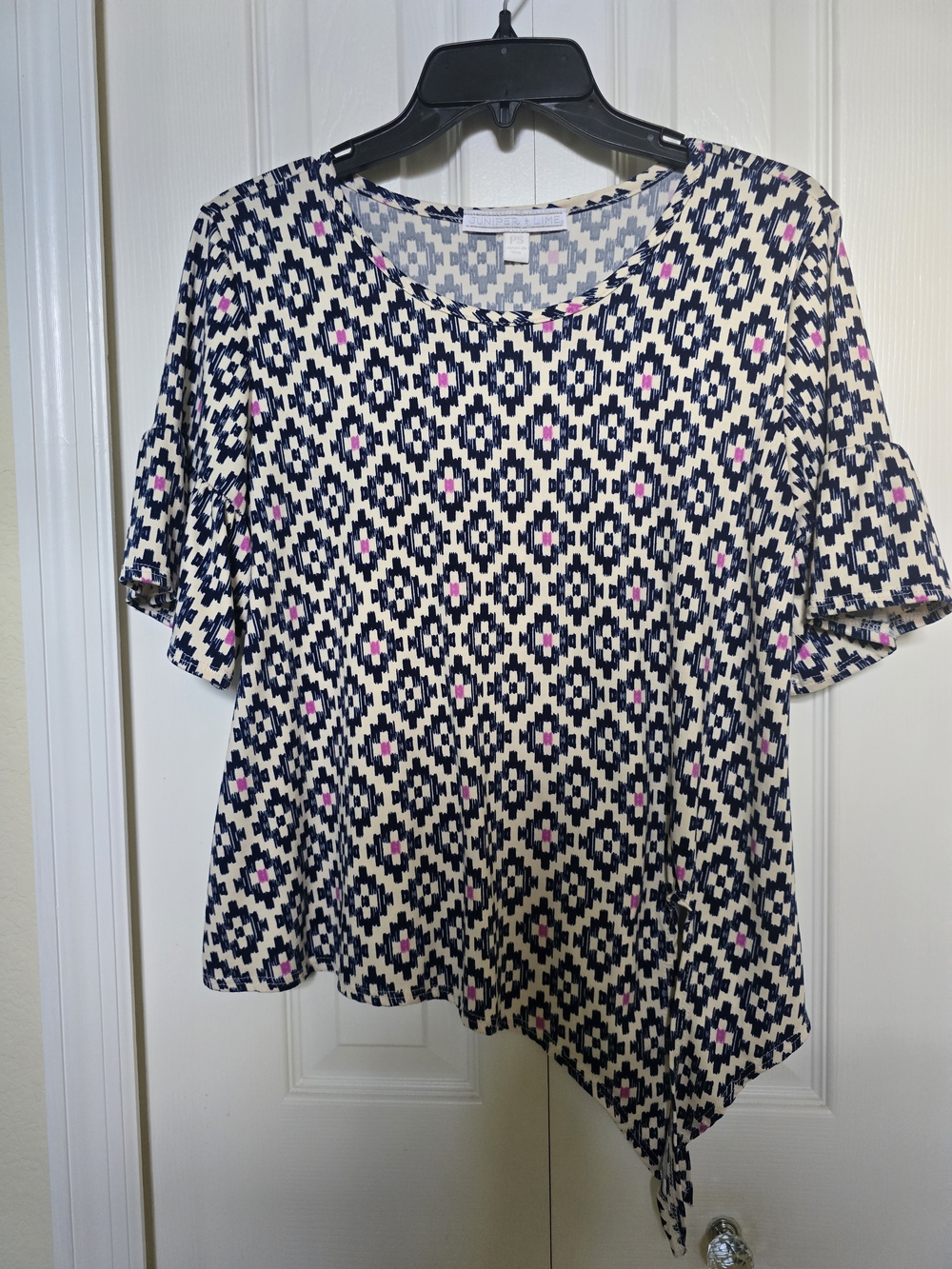Geometric Navy & White Short Sleeve Tunic with Pink Accents